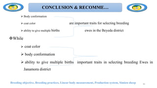 CONCLUSION & RECOMME…
 Body conformation
 coat color are important traits for selecting breeding
 ability to give multiple births ewes in the Beyeda district
While
 coat color
 body conformation
 ability to give multiple births important traits in selecting breeding Ewes in
Janamora district
Breeding objective, Breeding practices, Linear body measurement, Production system, Simien sheep 80
 