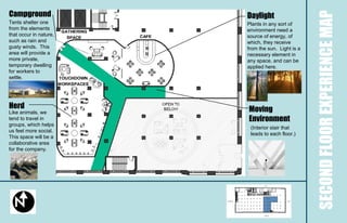 Campground




                                                   SECOND FLOOR EXPERIENCE MAP
                        Daylight
Tents shelter one       Plants in any sort of
from the elements       environment need a
that occur in nature,   source of energy, of
such as rain and        which, they receive
gusty winds. This       from the sun. Light is a
area will provide a     necessary element in
more private,           any space, and can be
temporary dwelling      applied here.
for workers to
settle.




Herd                    Moving
Like animals, we
tend to travel in       Environment
groups, which helps
                         (Interior stair that
us feel more social.
                         leads to each floor.)
This space will be a
collaborative area
for the company.
 