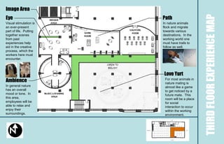 Image Area




                                                THIRD FLOOR EXPERIENCE MAP
Eye                     Path
Visual stimulation is   In nature animals
an ever-present         flock and migrate
part of life. Putting   towards various
together scenes         destinations. In the
from past               working world one
experiences help        must have trails to
aid in the creative     follow as well.
process, which the
workers here must
encounter.



                        Love Yurt
Ambience                 For most animals in
                         nature mating is
In general nature        almost like a game
has an overall           to get noticed by a
mood or tone. In         future mate. This
this area,               room will be a place
employees will be        for social
able to relax and        interaction to occur
enjoy their              within the working
surroundings.            environment.
 