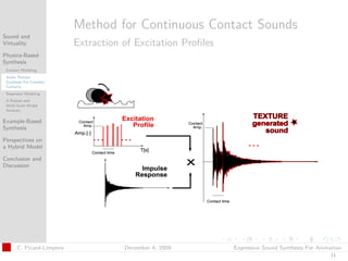 t




                          Method for Continuous Contact Sounds
Sound and
Virtuality                Extraction of Excitation Proﬁles
Physics-Based
Synthesis
 Contact Modeling
 Audio Texture
 Synthesis For Complex
 Contacts
 Resonator Modeling
 A Robust and
 Multi-Scale Modal
 Analysis

Example-Based
Synthesis

Perspectives on
a Hybrid Model

Conclusion and
Discussion




      C. Picard-Limpens              December 4, 2009        Expressive Sound Synthesis For Animation
                                                                                                11
 