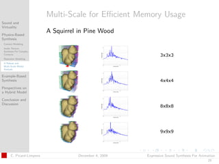 t




                          Multi-Scale for Eﬃcient Memory Usage
Sound and
Virtuality

Physics-Based
                          A Squirrel in Pine Wood
Synthesis
 Contact Modeling
 Audio Texture
 Synthesis For Complex
 Contacts
 Resonator Modeling
 A Robust and
 Multi-Scale Modal
 Analysis

Example-Based
Synthesis

Perspectives on
a Hybrid Model

Conclusion and
Discussion




      C. Picard-Limpens             December 4, 2009   Expressive Sound Synthesis For Animation
                                                                                          23
 