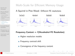 t




                          Multi-Scale for Eﬃcient Memory Usage
Sound and
Virtuality

Physics-Based
                          A Squirrel in Pine Wood: Diﬀerent FE resolutions
Synthesis
 Contact Modeling
 Audio Texture
                             3x3x3            4x4x4       8x8x8               9x9x9
 Synthesis For Complex
 Contacts
 Resonator Modeling
 A Robust and
 Multi-Scale Modal
 Analysis

Example-Based
Synthesis

Perspectives on
a Hybrid Model
                          Frequency Content = f (Hexahedral FE Resolution)
Conclusion and
Discussion
                              Higher resolution models

                              Frequency centroid shift

                              Convergence of the frequency content


      C. Picard-Limpens              December 4, 2009          Expressive Sound Synthesis For Animation
                                                                                                  24
 