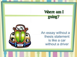 Where am I going? ESSAY An essay without a thesis statement is like a car without a driver 