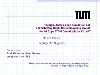 “ Design, Analysis and Simulations of  a Si Schottky Diode Based Sampling Circuit  for 40 Gbps ETDM Demultiplexer Circuit “ Supervisors: Prof. Dr. techn. Peter Russer Jung Han Choi, M.S. Master Thesis: Septiaji Eko Nugroho Master of Science in Microwave Engineering (MSMWE) Program Institute for High Frequency Engineering 
