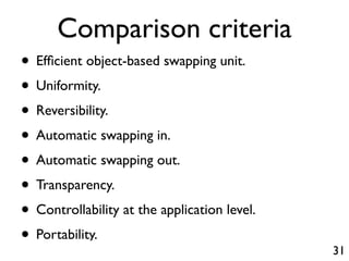 Comparison criteria
• Efﬁcient object-based swapping unit.
• Uniformity.
• Reversibility.
• Automatic swapping in.
• Automatic swapping out.
• Transparency.
• Controllability at the application level.
• Portability.                                31
 