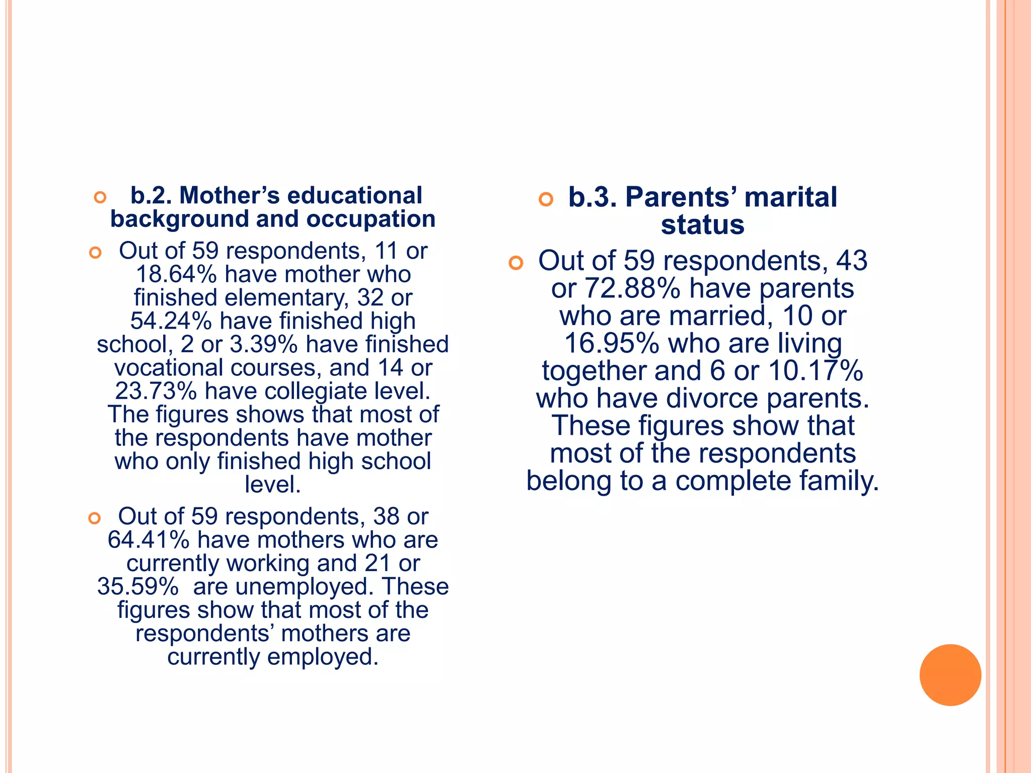     b.2. Mother’s educational         b.3. Parents’ marital
  background and occupation                     status
 Out of 59 respondents, 11 or
                                     Out of 59 respondents, 43
     18.64% have mother who
     finished elementary, 32 or        or 72.88% have parents
     54.24% have finished high          who are married, 10 or
 school, 2 or 3.39% have finished       16.95% who are living
  vocational courses, and 14 or       together and 6 or 10.17%
   23.73% have collegiate level.      who have divorce parents.
  The figures shows that most of
   the respondents have mother         These figures show that
  who only finished high school        most of the respondents
                level.               belong to a complete family.
 Out of 59 respondents, 38 or
  64.41% have mothers who are
    currently working and 21 or
 35.59% are unemployed. These
   figures show that most of the
     respondents’ mothers are
         currently employed.
 