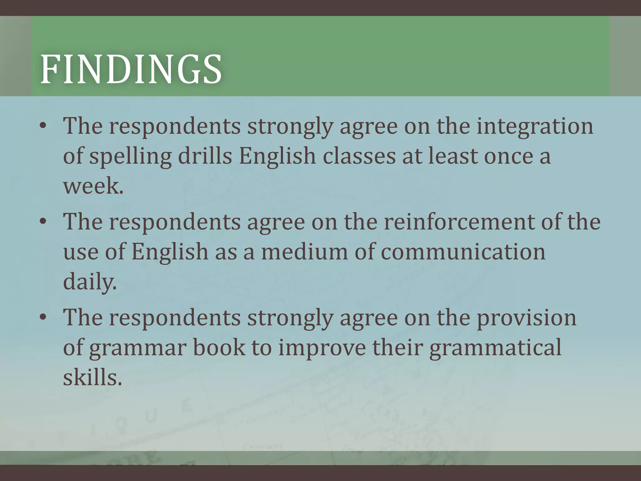 FINDINGS
• The respondents strongly agree on the integration
of spelling drills English classes at least once a
week.
• The respondents agree on the reinforcement of the
use of English as a medium of communication
daily.
• The respondents strongly agree on the provision
of grammar book to improve their grammatical
skills.

 