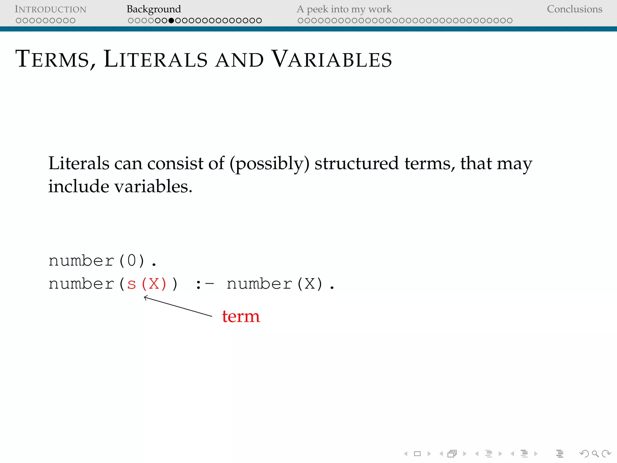 INTRODUCTION Background A peek into my work Conclusions
TERMS, LITERALS AND VARIABLES
Literals can consist of (possibly) structured terms, that may
include variables.
number(0).
number(s(X)) :- number(X).
term
 