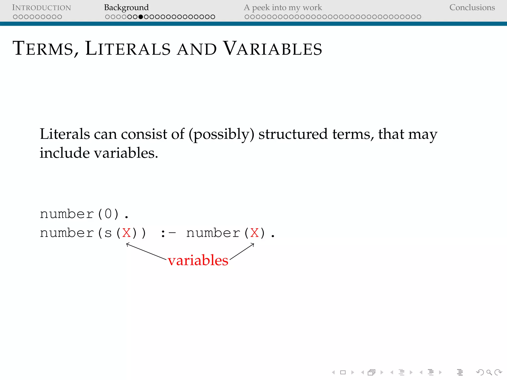 INTRODUCTION Background A peek into my work Conclusions
TERMS, LITERALS AND VARIABLES
Literals can consist of (possibly) structured terms, that may
include variables.
number(0).
number(s(X)) :- number(X).
variables
 