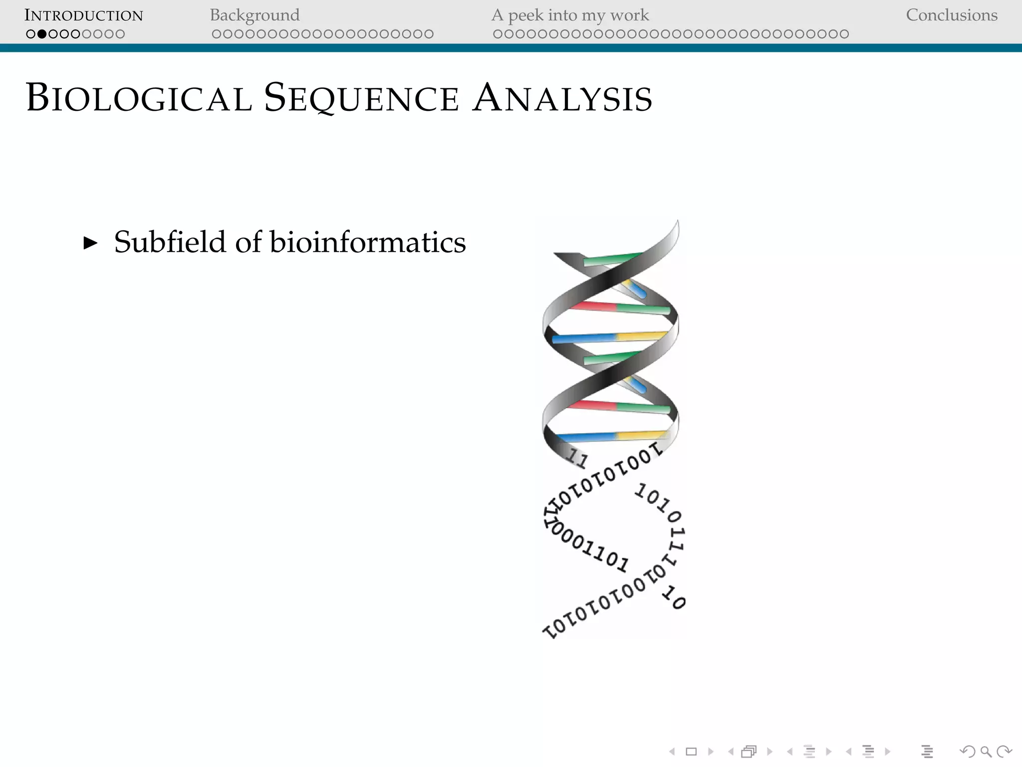INTRODUCTION Background A peek into my work Conclusions
BIOLOGICAL SEQUENCE ANALYSIS
Subﬁeld of bioinformatics
 