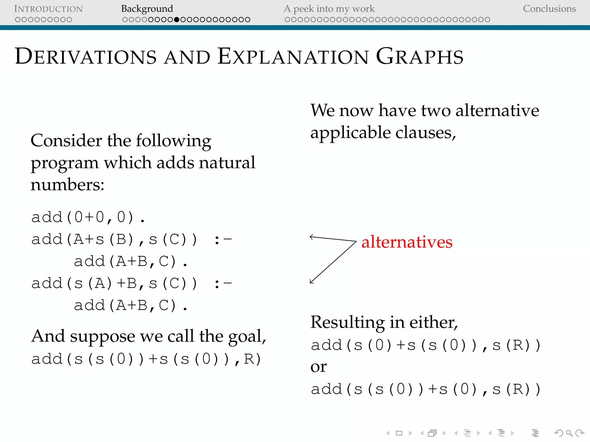 INTRODUCTION Background A peek into my work Conclusions
DERIVATIONS AND EXPLANATION GRAPHS
Consider the following
program which adds natural
numbers:
add(0+0,0).
add(A+s(B),s(C)) :-
add(A+B,C).
add(s(A)+B,s(C)) :-
add(A+B,C).
And suppose we call the goal,
add(s(s(0))+s(s(0)),R)
We now have two alternative
applicable clauses,
alternatives
Resulting in either,
add(s(0)+s(s(0)),s(R))
or
add(s(s(0))+s(0),s(R))
 