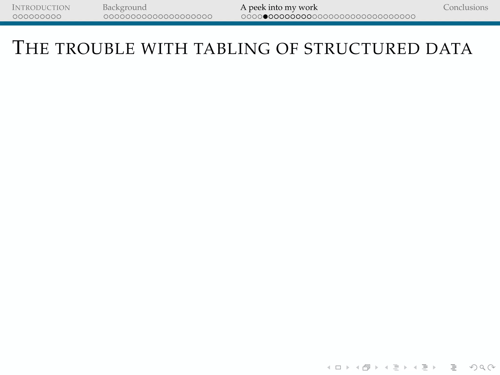 INTRODUCTION Background A peek into my work Conclusions
THE TROUBLE WITH TABLING OF STRUCTURED DATA
 