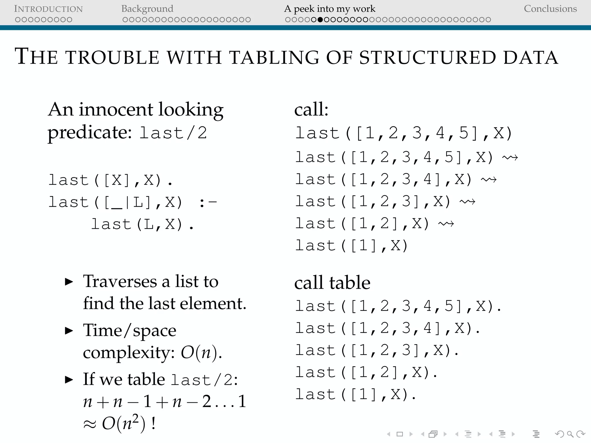 INTRODUCTION Background A peek into my work Conclusions
THE TROUBLE WITH TABLING OF STRUCTURED DATA
An innocent looking
predicate: last/2
last([X],X).
last([_|L],X) :-
last(L,X).
Traverses a list to
ﬁnd the last element.
Time/space
complexity: O(n).
If we table last/2:
n + n − 1 + n − 2 . . . 1
≈ O(n2) !
call:
last([1,2,3,4,5],X)
last([1,2,3,4,5],X)
last([1,2,3,4],X)
last([1,2,3],X)
last([1,2],X)
last([1],X)
call table
last([1,2,3,4,5],X).
last([1,2,3,4],X).
last([1,2,3],X).
last([1,2],X).
last([1],X).
 