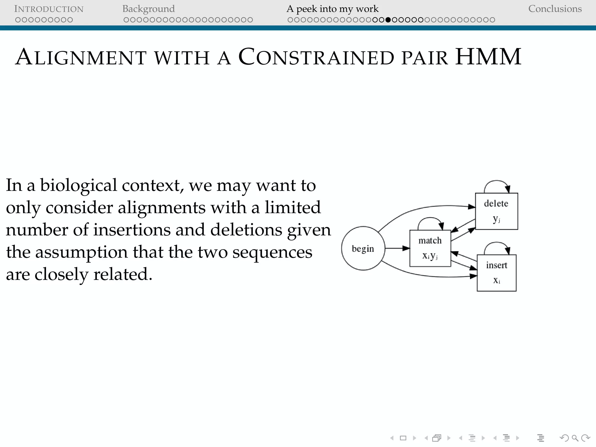 INTRODUCTION Background A peek into my work Conclusions
ALIGNMENT WITH A CONSTRAINED PAIR HMM
In a biological context, we may want to
only consider alignments with a limited
number of insertions and deletions given
the assumption that the two sequences
are closely related.
 