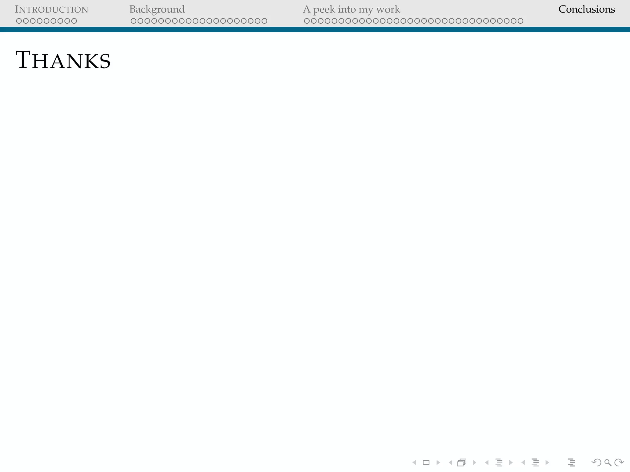 INTRODUCTION Background A peek into my work Conclusions
THANKS
 