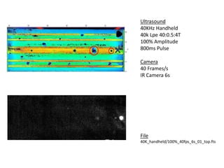 Ultrasound 
40KHz Handheld 
40k Lpe 40:0.5:4T 
100% Amplitude 
800ms Pulse 
Camera 
40 Frames/s 
IR Camera 6s 
File 
40K_handheld/100%_40fps_6s_01_top.fts 
 