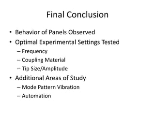Final Conclusion 
? Behavior of Panels Observed 
? Optimal Experimental Settings Tested 
C Frequency 
C Coupling Material 
C Tip Size/Amplitude 
? Additional Areas of Study 
C Mode Pattern Vibration 
C Automation 
 