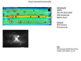 Ultrasound 
20KHz 
20k LPt 20:0.5:902 
50% Amplitude 
800ms Pulse 
Camera 
40 Frames/s 
IR Camera 6s 
File 
Bellimpactpanel03/Bottomhalfve 
iw40fps_50%_800ms_6s_02 
Panel mounted horizontally 
 
