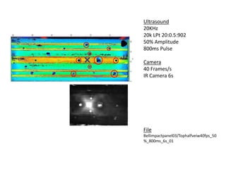 Ultrasound 
20KHz 
20k LPt 20:0.5:902 
50% Amplitude 
800ms Pulse 
Camera 
40 Frames/s 
IR Camera 6s 
File 
Bellimpactpanel03/Tophalfveiw40fps_50 
%_800ms_6s_01 
 