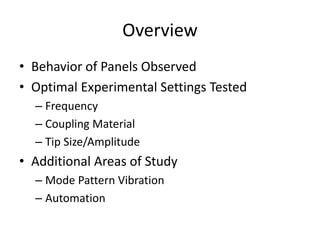Overview 
? Behavior of Panels Observed 
? Optimal Experimental Settings Tested 
C Frequency 
C Coupling Material 
C Tip Size/Amplitude 
? Additional Areas of Study 
C Mode Pattern Vibration 
C Automation 
 