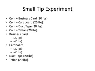Small Tip Experiment 
? Coin + Business Card (20 lbs) 
? Coin + Cardboard (20 lbs) 
? Coin + Duct Tape (20 lbs) 
? Coin + Teflon (20 lbs) 
? Business Card 
C (20 lbs) 
C (40 lbs) 
? Cardboard 
C (20 lbs) 
C (40 lbs) 
? Duct Tape (20 lbs) 
? Teflon (20 lbs) 
 