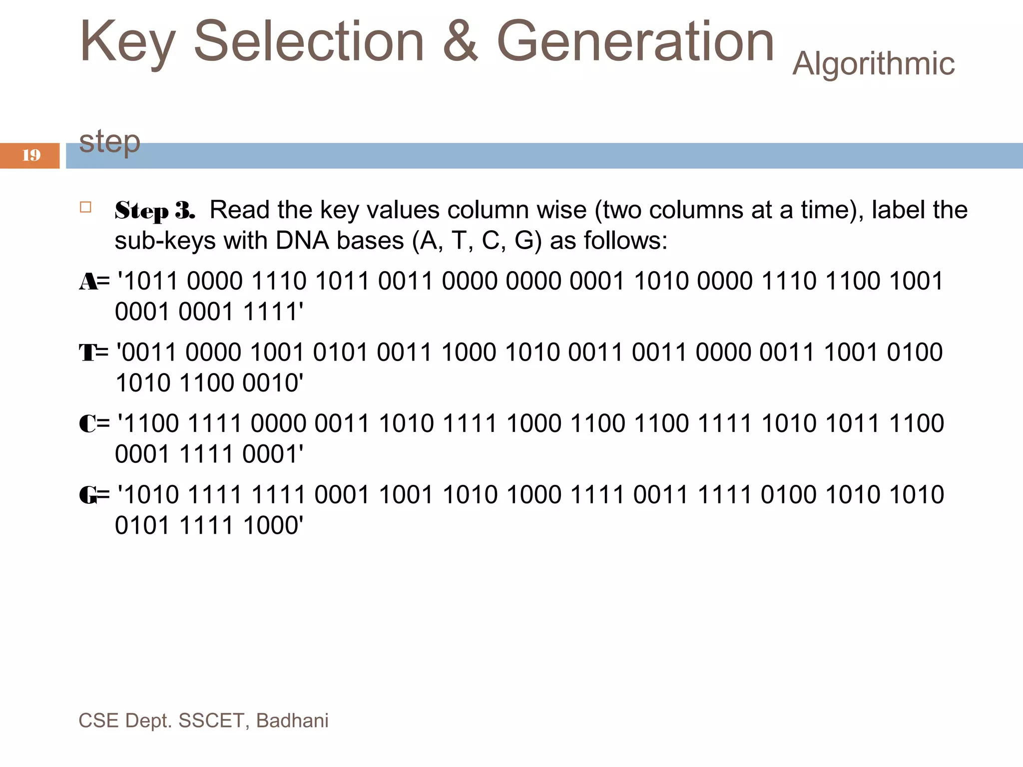 Key Selection & Generation Algorithmic
step
 Step 3. Read the key values column wise (two columns at a time), label the
sub-keys with DNA bases (A, T, C, G) as follows:
A= '1011 0000 1110 1011 0011 0000 0000 0001 1010 0000 1110 1100 1001
0001 0001 1111'
T= '0011 0000 1001 0101 0011 1000 1010 0011 0011 0000 0011 1001 0100
1010 1100 0010'
C= '1100 1111 0000 0011 1010 1111 1000 1100 1100 1111 1010 1011 1100
0001 1111 0001'
G= '1010 1111 1111 0001 1001 1010 1000 1111 0011 1111 0100 1010 1010
0101 1111 1000'
CSE Dept. SSCET, Badhani
19
 