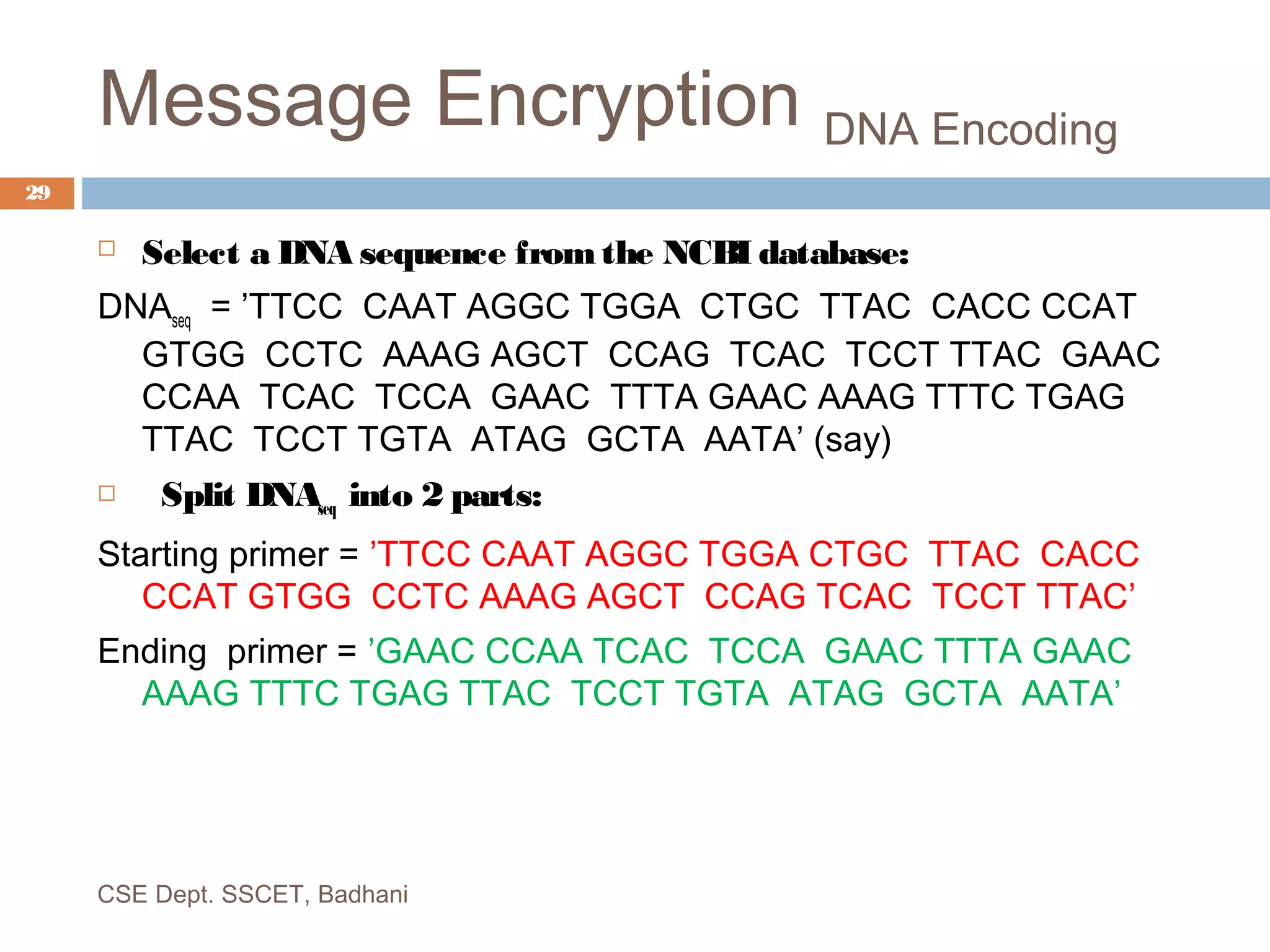 Message Encryption DNA Encoding
 Select a DNA sequence fromthe NCBI database:
DNAseq = ’TTCC CAAT AGGC TGGA CTGC TTAC CACC CCAT
GTGG CCTC AAAG AGCT CCAG TCAC TCCT TTAC GAAC
CCAA TCAC TCCA GAAC TTTA GAAC AAAG TTTC TGAG
TTAC TCCT TGTA ATAG GCTA AATA’ (say)
 Split DNAseq into 2 parts:
Starting primer = ’TTCC CAAT AGGC TGGA CTGC TTAC CACC
CCAT GTGG CCTC AAAG AGCT CCAG TCAC TCCT TTAC’
Ending primer = ’GAAC CCAA TCAC TCCA GAAC TTTA GAAC
AAAG TTTC TGAG TTAC TCCT TGTA ATAG GCTA AATA’
CSE Dept. SSCET, Badhani
29
 
