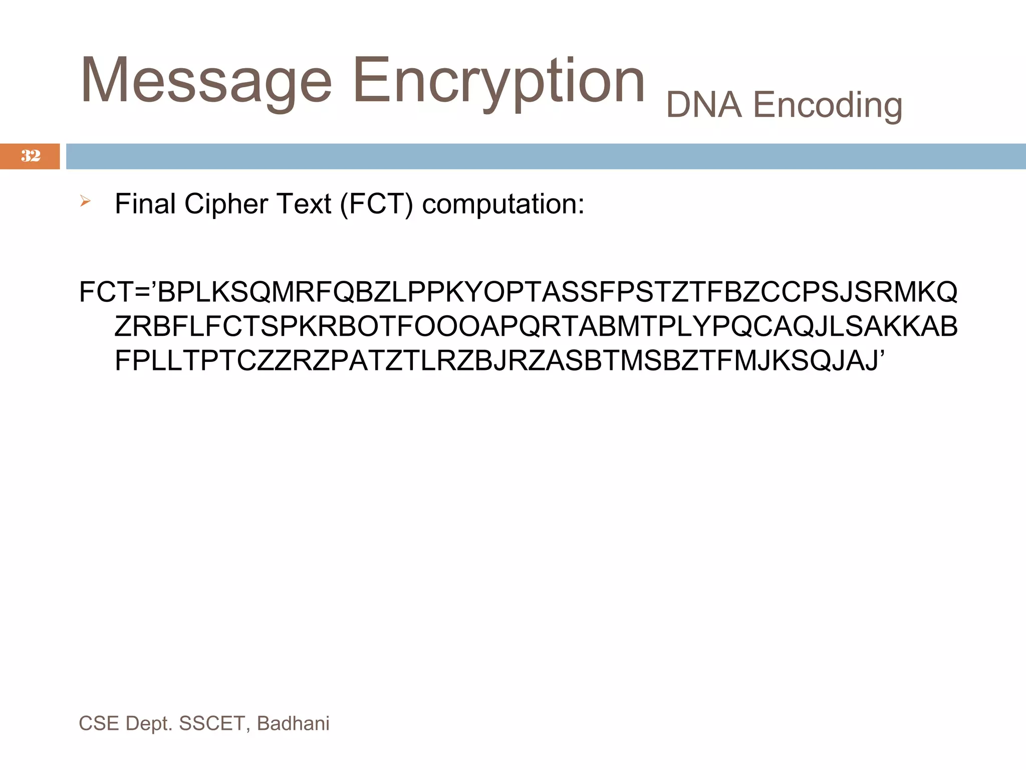 Message Encryption DNA Encoding
 Final Cipher Text (FCT) computation:
FCT=’BPLKSQMRFQBZLPPKYOPTASSFPSTZTFBZCCPSJSRMKQ
ZRBFLFCTSPKRBOTFOOOAPQRTABMTPLYPQCAQJLSAKKAB
FPLLTPTCZZRZPATZTLRZBJRZASBTMSBZTFMJKSQJAJ’
CSE Dept. SSCET, Badhani
32
 
