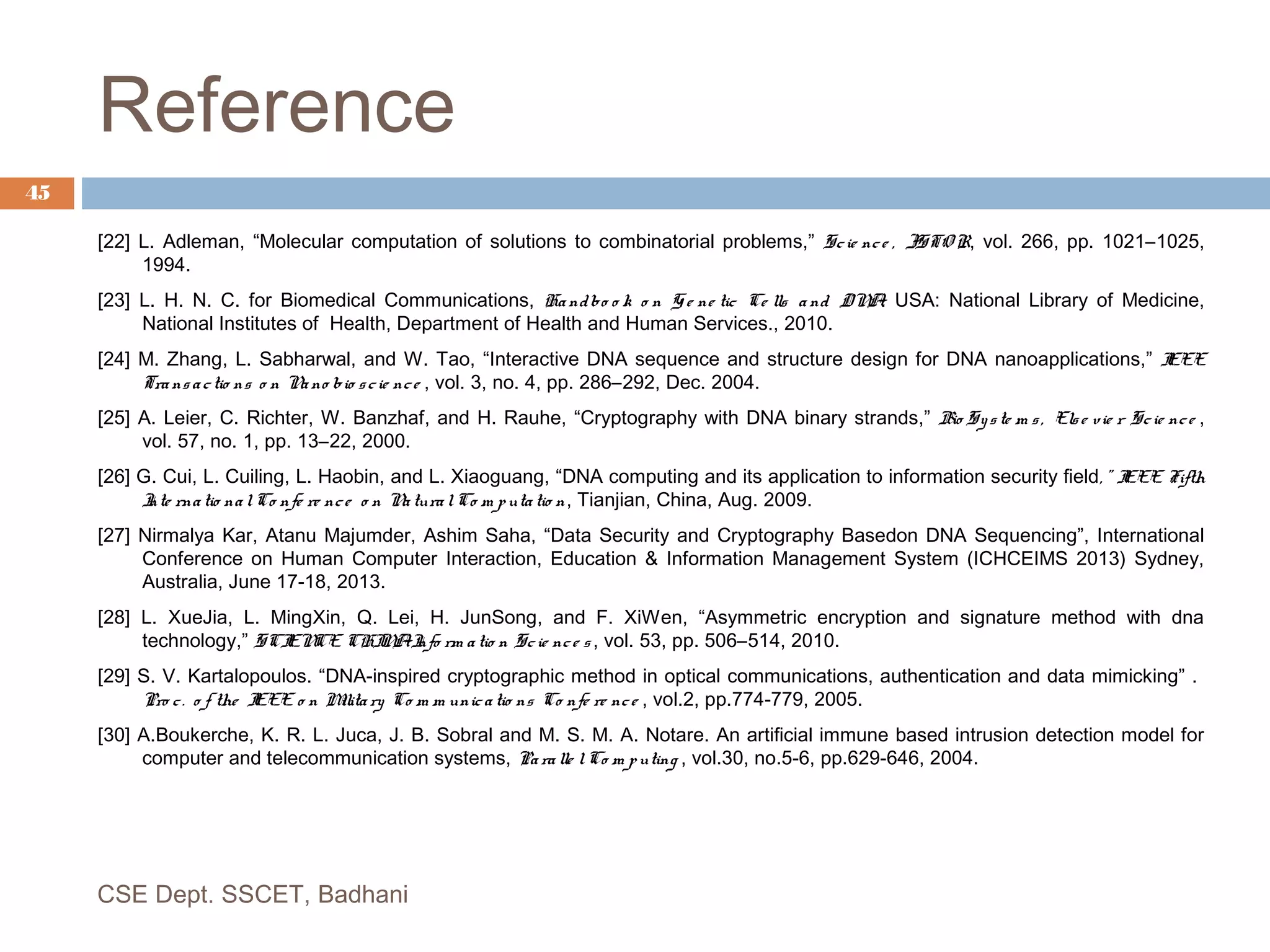 Reference
45
[22] L. Adleman, “Molecular computation of solutions to combinatorial problems,” Scie nce , JSTO R, vol. 266, pp. 1021–1025,
1994.
[23] L. H. N. C. for Biomedical Communications, Handbo o k o n G e ne tic Ce lls and DNA. USA: National Library of Medicine,
National Institutes of Health, Department of Health and Human Services., 2010.
[24] M. Zhang, L. Sabharwal, and W. Tao, “Interactive DNA sequence and structure design for DNA nanoapplications,” IEEE
Trans actio ns o n Nano bio scie nce , vol. 3, no. 4, pp. 286–292, Dec. 2004.
[25] A. Leier, C. Richter, W. Banzhaf, and H. Rauhe, “Cryptography with DNA binary strands,” Bio Syste m s , Else vie r Scie nce ,
vol. 57, no. 1, pp. 13–22, 2000.
[26] G. Cui, L. Cuiling, L. Haobin, and L. Xiaoguang, “DNA computing and its application to information security ﬁeld, ” IEEE Fifth
Inte rnatio nalCo nfe re nce o n NaturalCo m putatio n, Tianjian, China, Aug. 2009.
[27] Nirmalya Kar, Atanu Majumder, Ashim Saha, “Data Security and Cryptography Basedon DNA Sequencing”, International
Conference on Human Computer Interaction, Education & Information Management System (ICHCEIMS 2013) Sydney,
Australia, June 17-18, 2013.
[28] L. XueJia, L. MingXin, Q. Lei, H. JunSong, and F. XiWen, “Asymmetric encryption and signature method with dna
technology,” SCIENCE CHINAInfo rm atio n Scie nce s , vol. 53, pp. 506–514, 2010.
[29] S. V. Kartalopoulos. “DNA-inspired cryptographic method in optical communications, authentication and data mimicking” .
Pro c. o f the IEEE o n Military Co m m unicatio ns Co nfe re nce , vol.2, pp.774-779, 2005.
[30] A.Boukerche, K. R. L. Juca, J. B. Sobral and M. S. M. A. Notare. An artiﬁcial immune based intrusion detection model for
computer and telecommunication systems, Paralle lCo m puting , vol.30, no.5-6, pp.629-646, 2004.
CSE Dept. SSCET, Badhani
 