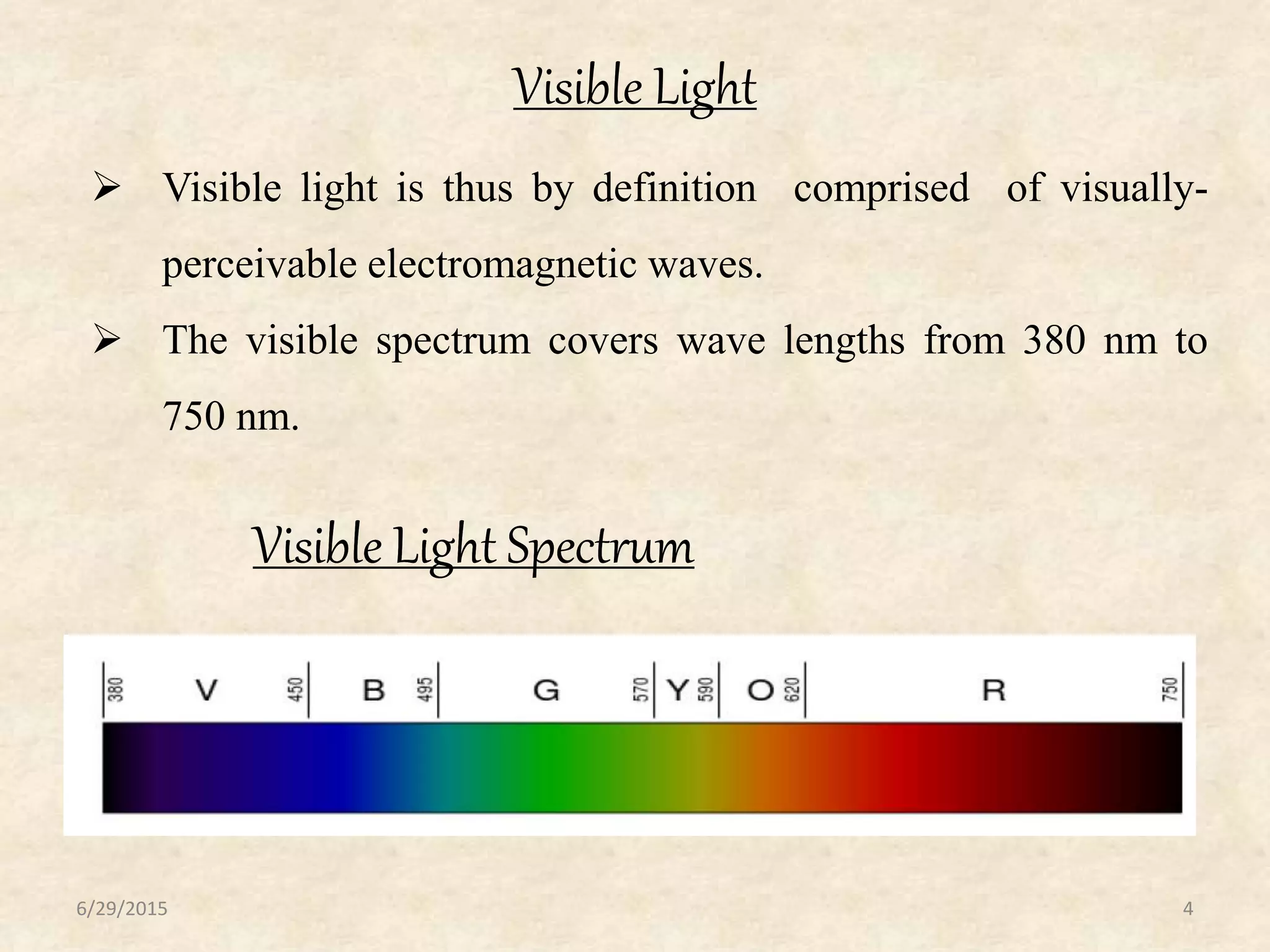 Visible Light
6/29/2015 4
Visible Light SpectrumVisible Light Spectrum
 Visible light is thus by definition comprised of visually-
perceivable electromagnetic waves.
 The visible spectrum covers wave lengths from 380 nm to
750 nm.
 