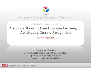 CENTER FOR COGNITIVE UBIQUITOUS COMPUTING
CUbiC
ARIZONA STATE UNIVERSITY
A Study of Boosting based Transfer Learning for
Activity and Gesture Recognition
Ashok Venkatesan
Committee Members
Sethuraman Panchanathan, Professor (Chair)
Jieping Ye, Associate Professor
Baoxin Li, Associate Professor
Master’s Thesis Defense
 