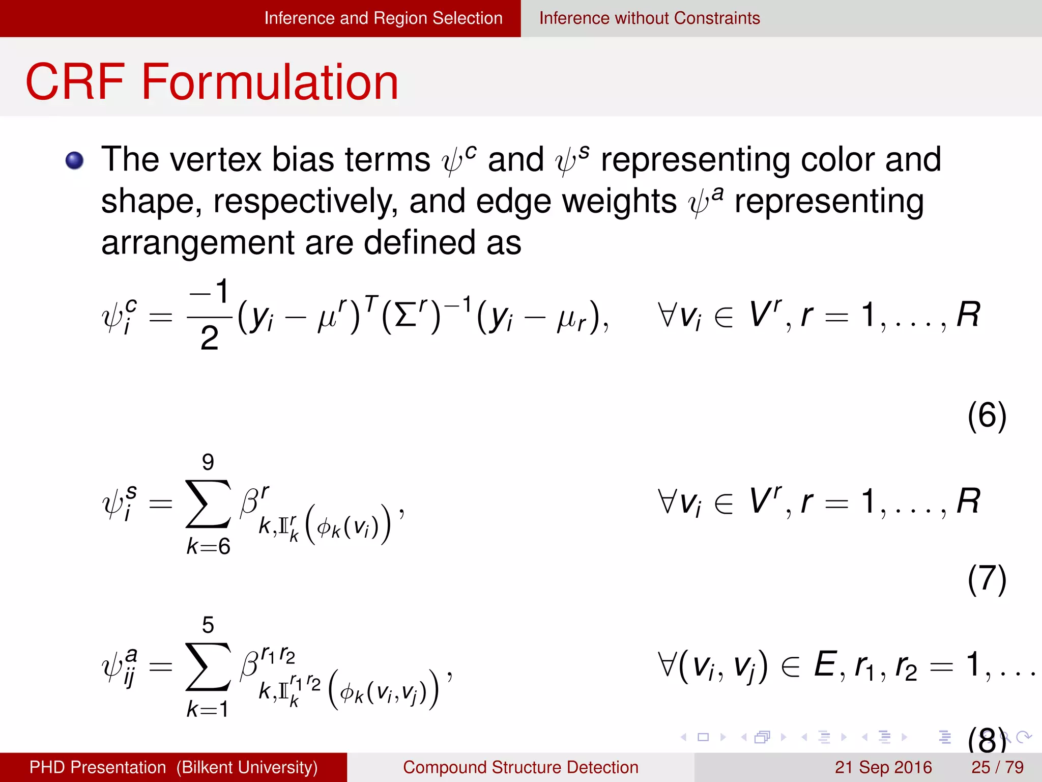 Inference and Region Selection Inference without Constraints
CRF Formulation
The vertex bias terms ψc
and ψs
representing color and
shape, respectively, and edge weights ψa
representing
arrangement are deﬁned as
ψc
i =
−1
2
(yi − µr
)T
(Σr
)−1
(yi − µr ), ∀vi ∈ Vr
, r = 1, . . . , R
(6)
ψs
i =
9
k=6
βr
k,Ir
k
φk (vi )
, ∀vi ∈ Vr
, r = 1, . . . , R
(7)
ψa
ij =
5
k=1
βr1r2
k,I
r1r2
k
φk (vi ,vj )
, ∀(vi, vj) ∈ E, r1, r2 = 1, . . .
(8)
H. G. Akc¸ay Compound Structure Detection 21 Sept. 2016 25 / 78
 