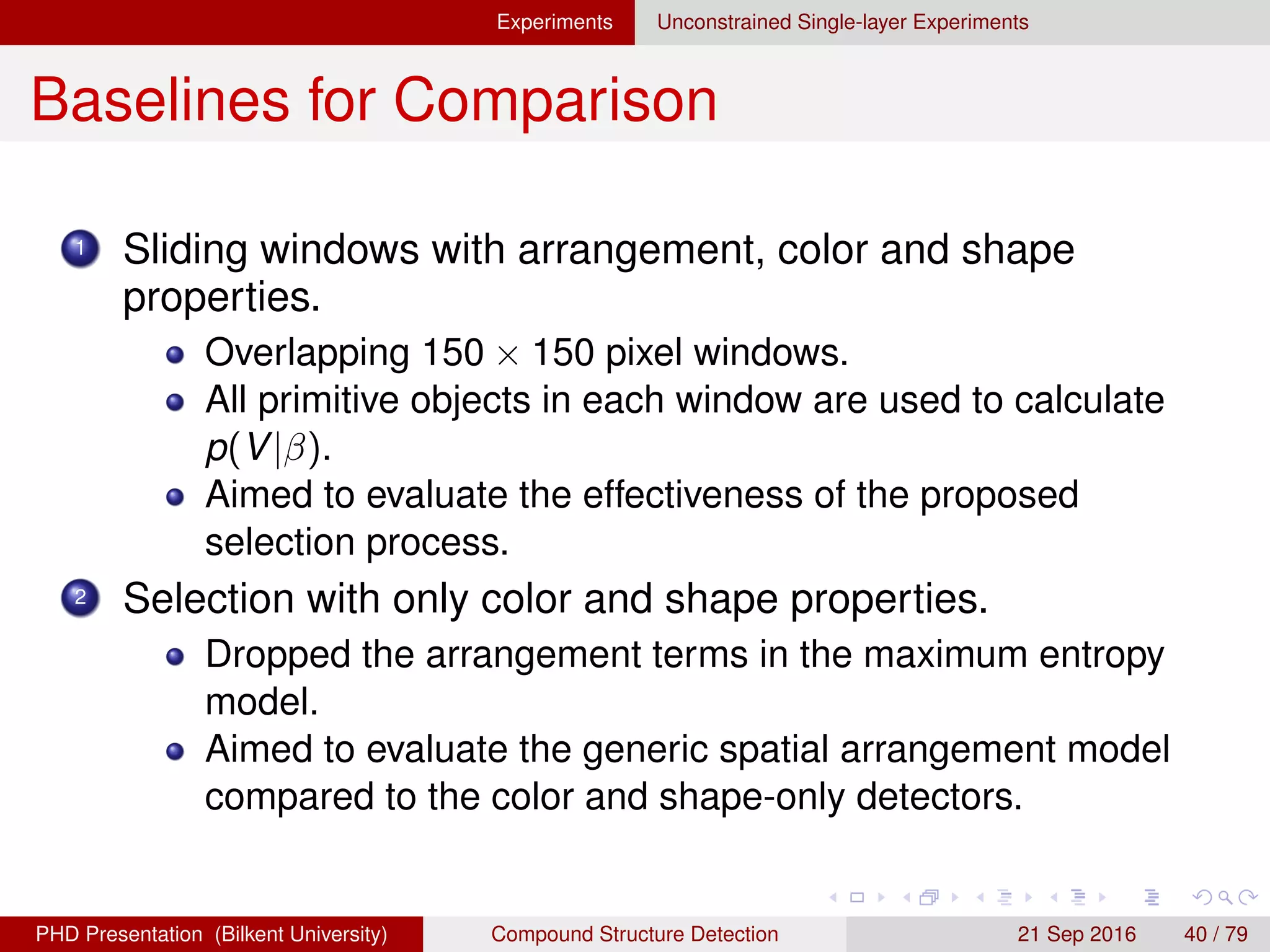 Experiments Unconstrained Single-layer Experiments
Results-Urban Structures
Figure: Marginal probabilities for the third scenario.
H. G. Akc¸ay Compound Structure Detection 21 Sept. 2016 40 / 78
 