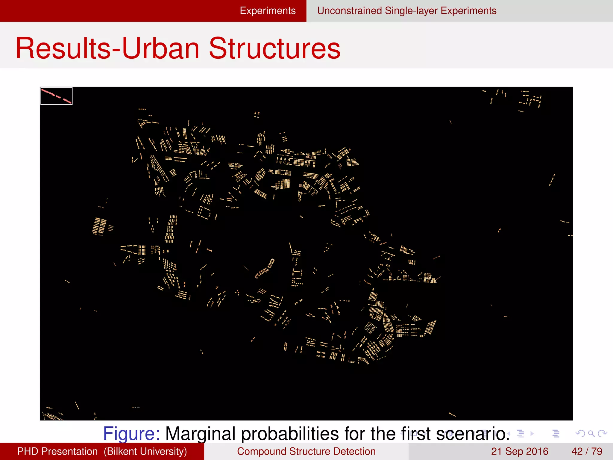 Experiments Unconstrained Single-layer Experiments
Results-Urban Structures
Figure: Marginal probabilities for the ﬁfth scenario.
H. G. Akc¸ay Compound Structure Detection 21 Sept. 2016 42 / 78
 