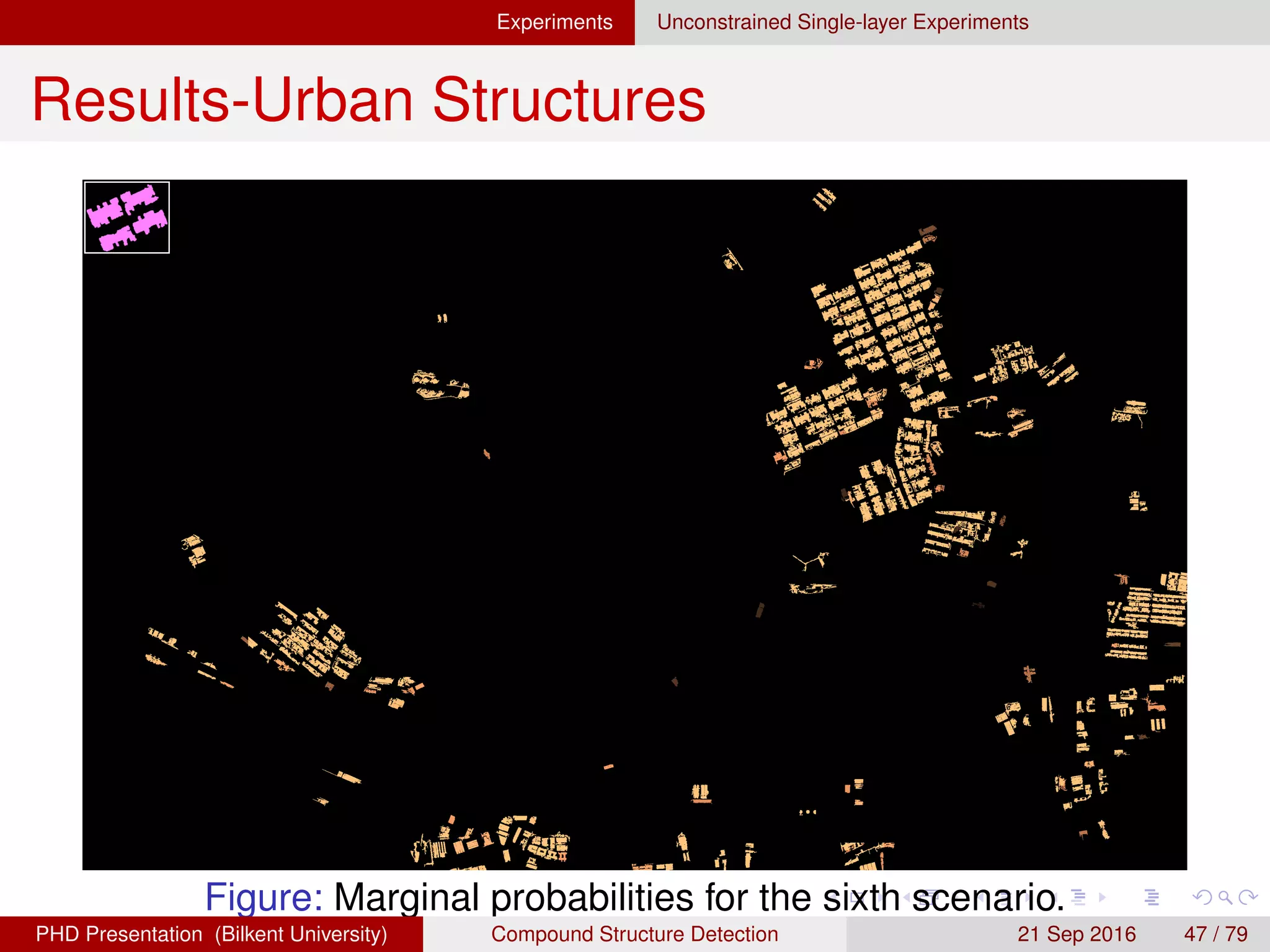 Experiments Unconstrained Single-layer Experiments
Results-Urban Structures
Figure: Zoomed detection examples. Each row corresponds to a
particular scenario.
H. G. Akc¸ay Compound Structure Detection 21 Sept. 2016 47 / 78
 