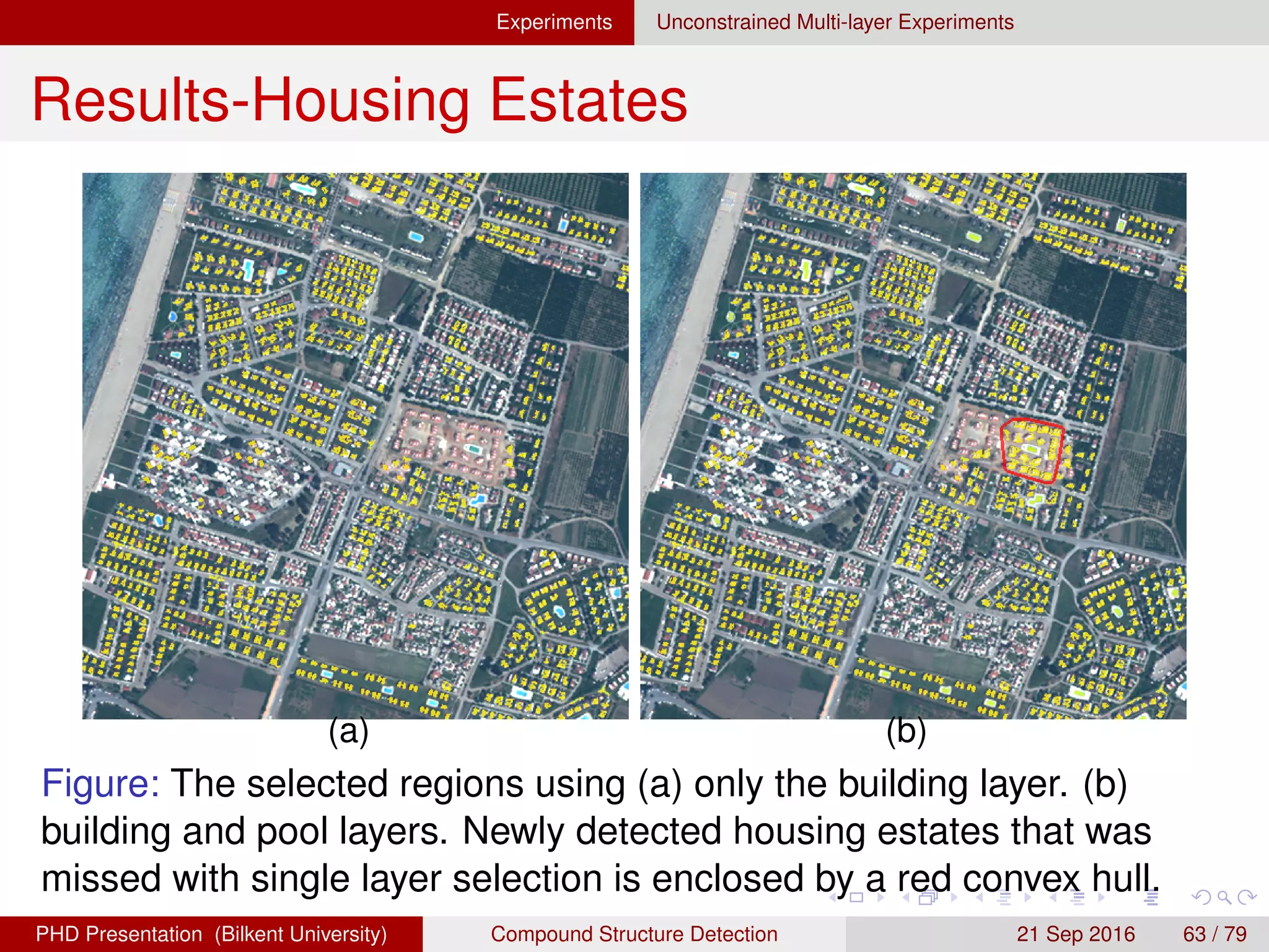 Experiments Unconstrained Multi-layer Experiments
Results-Housing Estates
Figure: Ground view of a missed housing estate with single layer
selection.
H. G. Akc¸ay Compound Structure Detection 21 Sept. 2016 63 / 78
 
