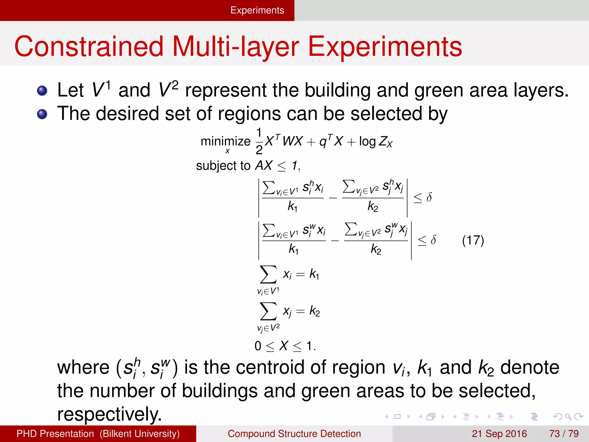 Experiments Constrained Multi-layer Experiments
Results-Buildings & Green Areas
Figure: Selected regions for the green areas surrounded by buildings.
H. G. Akc¸ay Compound Structure Detection 21 Sept. 2016 73 / 78
 