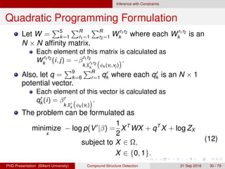 Inference with Constraints
Quadratic Programming Formulation
Let W = 5
k=1
R
r1=1
R
r2=1 Wr1r2
k where each Wr1r2
k is an
N × N afﬁnity matrix.
Each element of this matrix is calculated as
Wr1r2
k (i, j) = −βr1r2
k,I
r1r2
k
φk (vi ,vj )
.
Also, let q = 9
k=6
R
r=1 qr
k where each qr
k is an N × 1
potential vector.
Each element of this vector is calculated as
qr
k (i) = βr
k,Ir
k
φk (vi )
.
The problem can be formulated as
minimize
x
− log p(V |β) =
1
2
XT
WX + qT
X + log ZX
subject to X ∈ Ω,
X ∈ {0, 1}.
(12)
H. G. Akc¸ay Compound Structure Detection 21 Sept. 2016 30 / 78
 