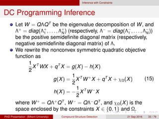 Inference with Constraints
DC Programming Inference
Let W = QΛQT
be the eigenvalue decomposition of W, and
Λ+
= diag(Λ+
1 , . . . , Λ+
N ) (respectively, Λ−
= diag(Λ−
1 , . . . , Λ−
N ))
be the positive semideﬁnite diagonal matrix (respectively,
negative semideﬁnite diagonal matrix) of Λ.
We rewrite the nonconvex symmetric quadratic objective
function as
1
2
XT
WX + qT
X = g(X) − h(X)
g(X) =
1
2
XT
W+
X + qT
X + χΩ(X)
h(X) = −
1
2
XT
W−
X
(16)
where W+
= QΛ+
QT
, W−
= QΛ−
QT
, and χΩ(X) is the
space enclosed by the constraints X ∈ {0, 1} and Ω.
H. G. Akc¸ay Compound Structure Detection 21 Sept. 2016 33 / 78
 