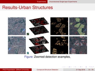 Experiments Unconstrained Single-layer Experiments
Results-Orchards
Figure: Example results for the detection of orchards in the subimage
on the left column. The right column shows the corresponding
marginal probabilities of the selected regions (the copper colormap) as
well as the discarded input candidate regions (white).
H. G. Akc¸ay Compound Structure Detection 21 Sept. 2016 51 / 78
 