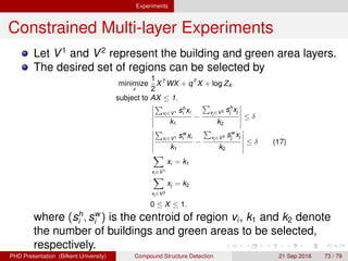 Experiments Constrained Multi-layer Experiments
Results-Buildings & Green Areas
Figure: Selected regions for the green areas surrounded by buildings.
H. G. Akc¸ay Compound Structure Detection 21 Sept. 2016 73 / 78
 