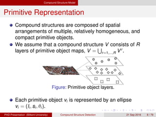 Compound Structure Model
Primitive Representation
Compound structures are composed of spatial
arrangements of multiple, relatively homogeneous, and
compact primitive objects.
We assume that a compound structure V consists of R
layers of primitive object maps, V = r=1,...,R Vr
.
Figure: Primitive object layers.
Each primitive object vi is represented by an ellipse
vi = (li, si, θi).
H. G. Akc¸ay Compound Structure Detection 21 Sept. 2016 8 / 78
 