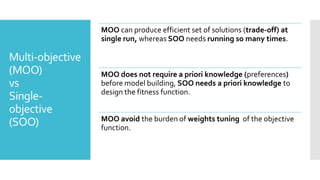 Multi-objective
(MOO)
vs
Single-
objective
(SOO)
MOO can produce efficient set of solutions (trade-off) at
single run, whereas SOO needs running so many times.
MOO does not require a priori knowledge (preferences)
before model building, SOO needs a priori knowledge to
design the fitness function.
MOO avoid the burden of weights tuning of the objective
function.
 