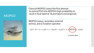 MOPSO
Classical MOPSO (2002) the first attempt
to extend PSO into MOPSO (high probability to
stuck in local optimal & premature convergence).
MOPSO (2004), secondary external
archive, and a mutation operator.
to update gbest
 