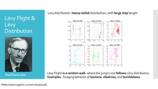 Lévy Flight &
Lévy
Distribution
Paul Pierre Lévy
Lévy distribution: heavy-tailed distribution, with large step length.
​Lévy Flight is a random walk where the jump's size follows Lévy distribution.
Examples: foraging behavior of bacteria, albatross, and bumblebees.
https://seekingalpha.com/article/3670366
 