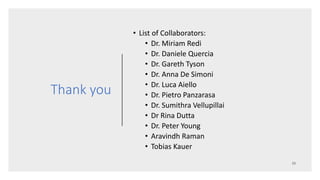 Thank you
• List of Collaborators:
• Dr. Miriam Redi
• Dr. Daniele Quercia
• Dr. Gareth Tyson
• Dr. Anna De Simoni
• Dr. Luca Aiello
• Dr. Pietro Panzarasa
• Dr. Sumithra Vellupillai
• Dr Rina Dutta
• Dr. Peter Young
• Aravindh Raman
• Tobias Kauer
 