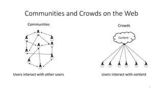 Communities and Crowds on the Web
5
Users interact with other users
Communities
Content
Users interact with content
Crowds
 