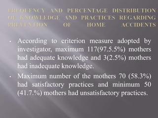 • According to criterion measure adopted by
investigator, maximum 117(97.5.5%) mothers
had adequate knowledge and 3(2.5%) mothers
had inadequate knowledge.
• Maximum number of the mothers 70 (58.3%)
had satisfactory practices and minimum 50
(41.7.%) mothers had unsatisfactory practices.
 