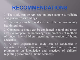 1. The study can be replicate on large sample to validate
and generalize its findings.
2. The study can be conducted in different community
health settings.
3. Comparative study can be conducted in rural and urban
areas to compare the knowledge and practices of mothers
of under five children regarding prevention of home
accidents.
4. A quasi experimental study can be conducted to
evaluate the effectiveness of structured teaching
programme on knowledge and practices of children
regarding prevention of home accidents.
 
