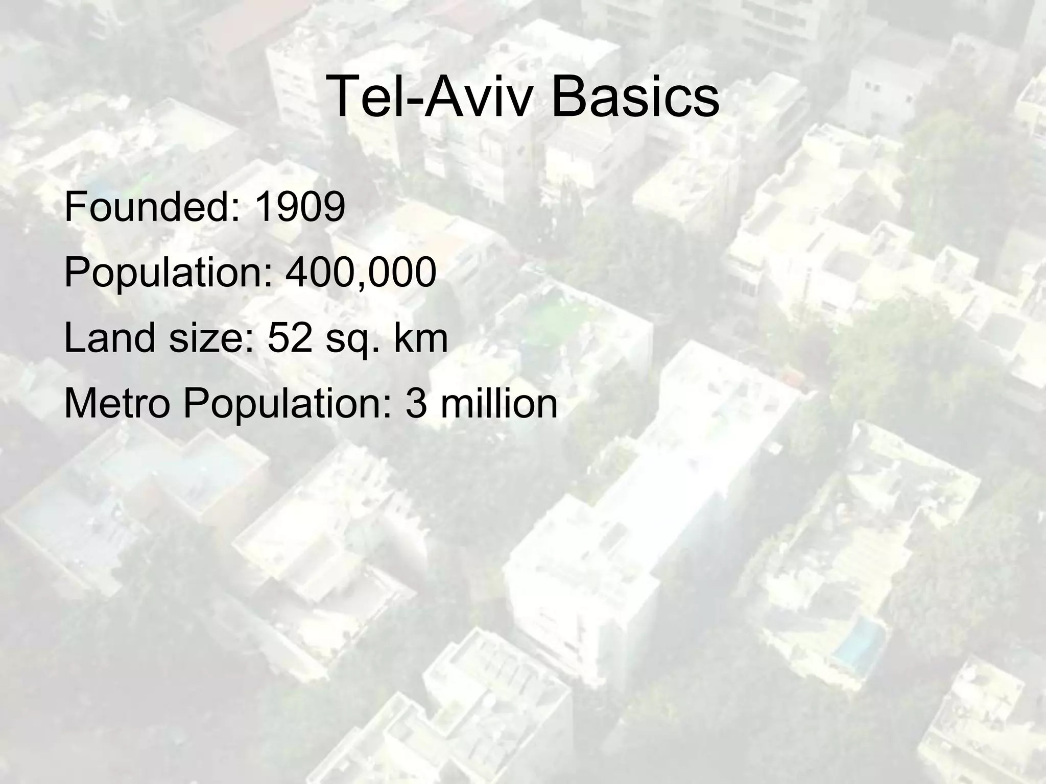 Tel-Aviv Basics
Founded: 1909
Population: 400,000
Land size: 52 sq. km
Metro Population: 3 million
 